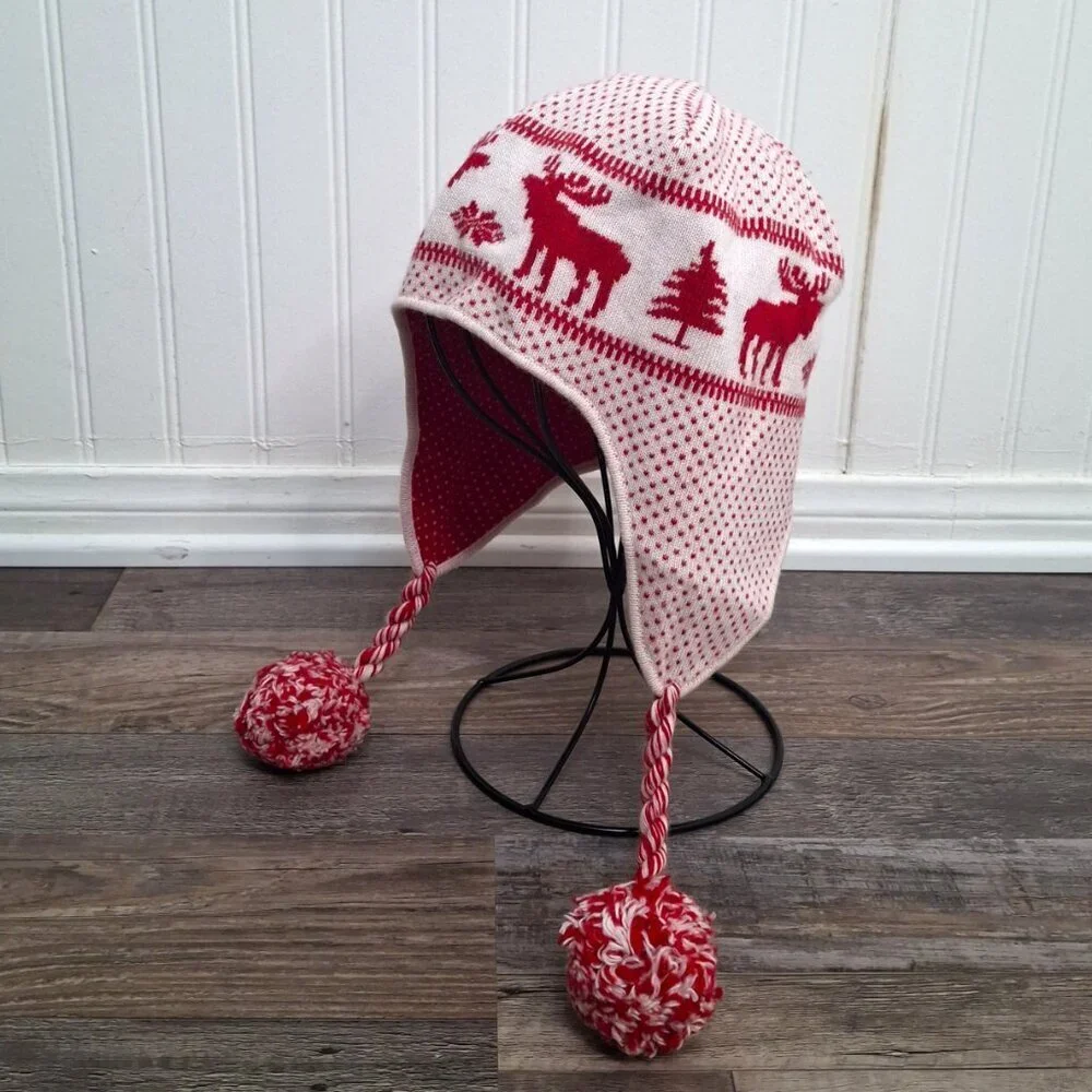 Abercrombie & Fitch Earflap Beanie Sz O/S Moose Wool Blend Pom Pom Fair Isle